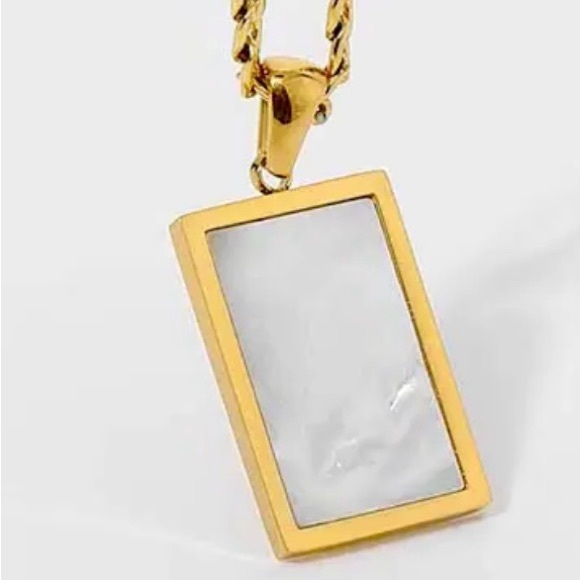 Mother Pearl Rectangle Iridescent Shell Gold Stainless Steel Geometric Necklace - Picture 15 of 17